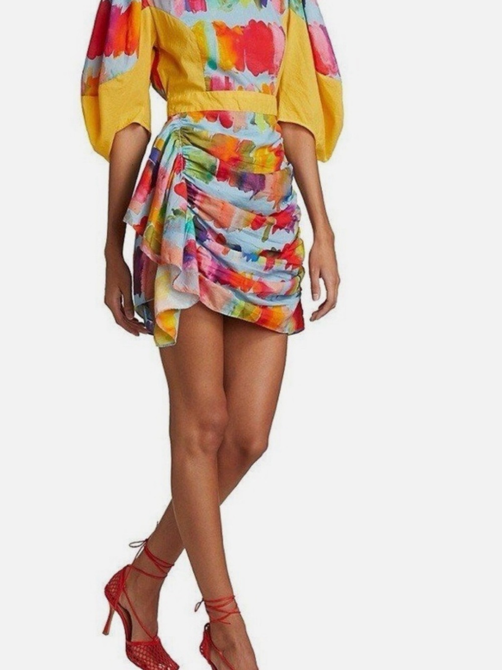 RHODE Pia Brushstrokes 100% Cotton Ruched Puff Sleeve Mini Dress
